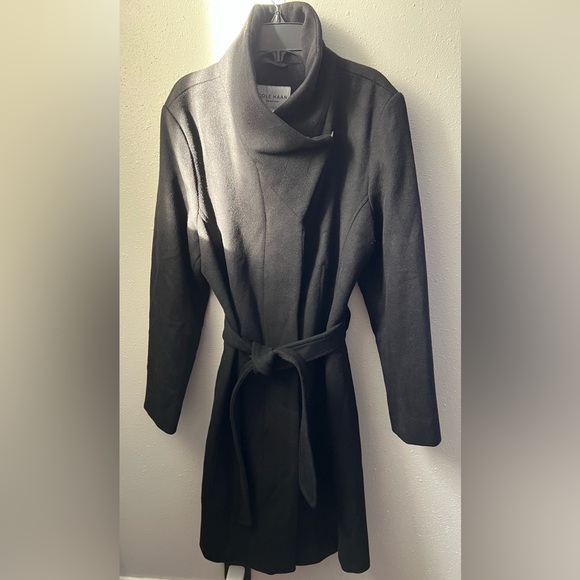 New Cole Haan Women's Slick Wool Belted Coat In Black Size 14 - Picture 5 of 12